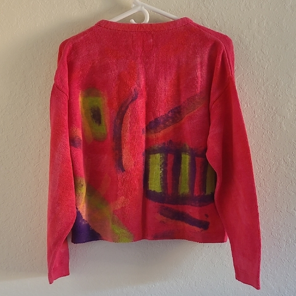 Sloop Jones Abstract Hot Pink Green Women's Cardigan. Hand Painted. Oversized. - Picture 4 of 16